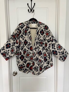 Anthropologie Cream Jacket with Navy & Red Floral Accents